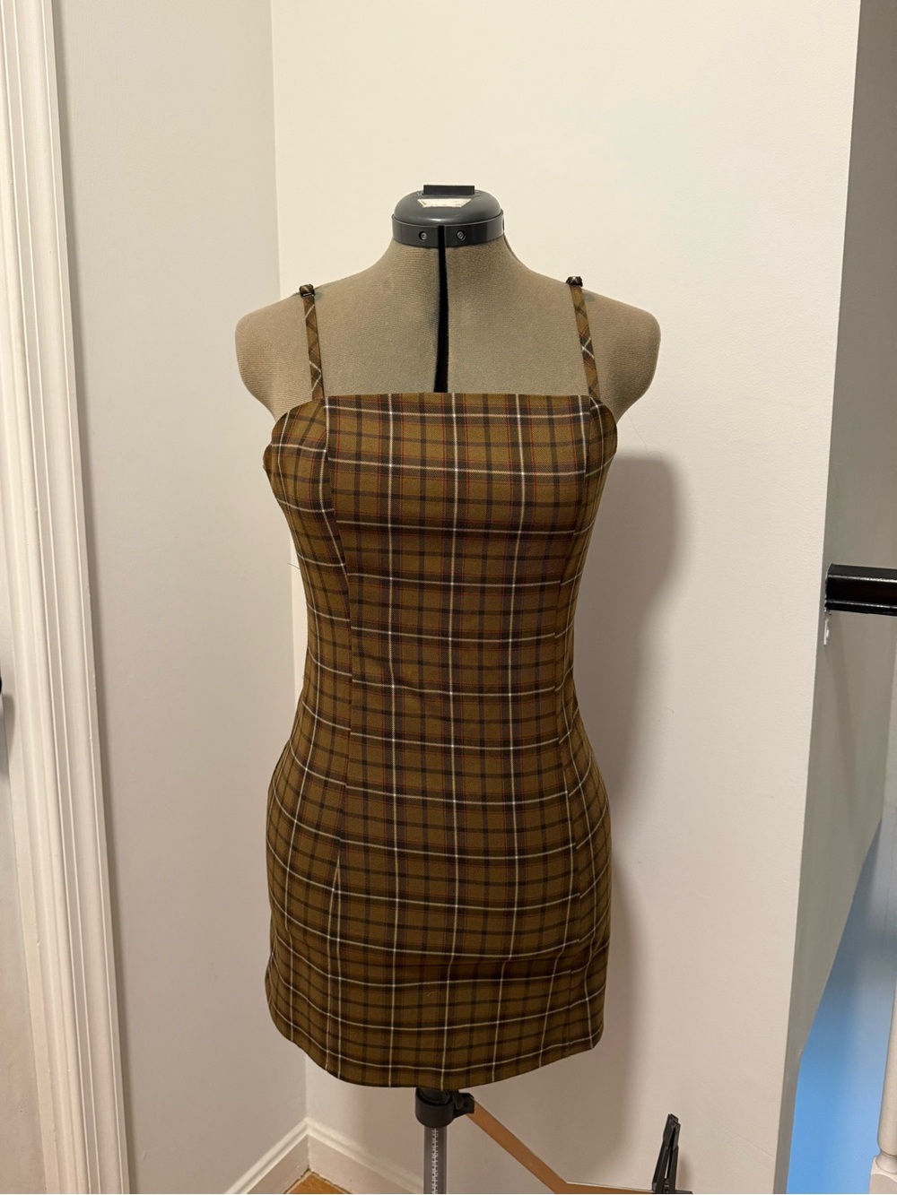 Plaid Square-Neck Mini Dress in Brown Tones